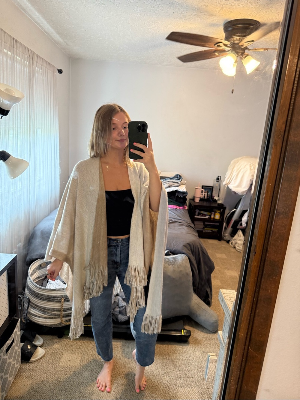 Sonoma Cream Fringe Open-Front Poncho Sweater